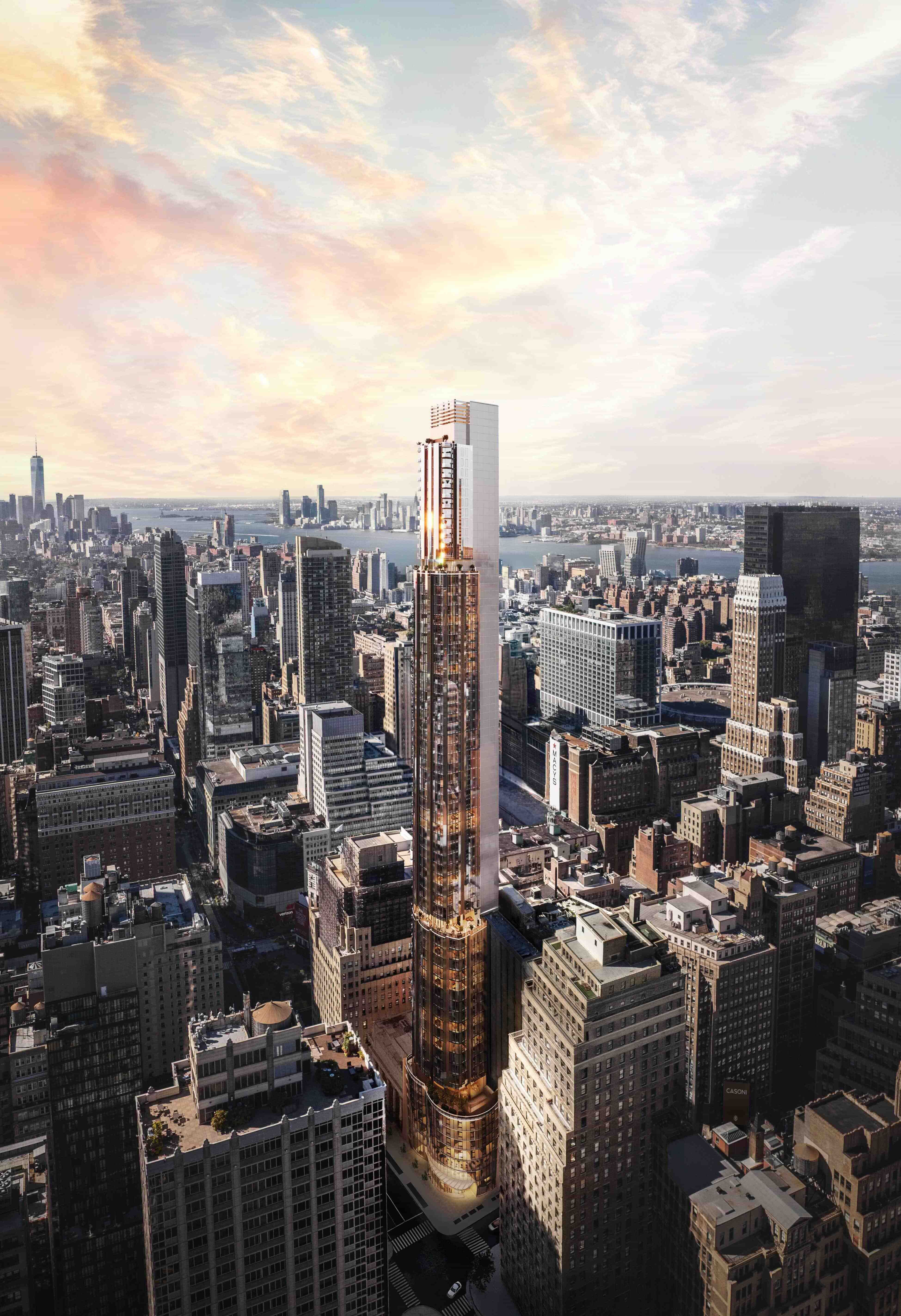 Close-up of Casoni's curved glass facade and luxury terraces with Manhattan skyline views at sunset.